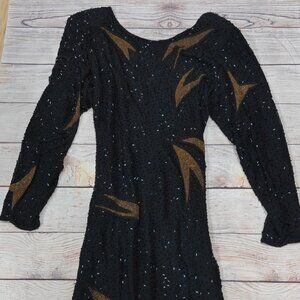 Vintage 80s Black Beaded Gold Bolt Embroidered Long Sleeve Cocktail Dress